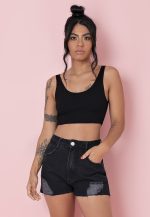 Shorts Jeans Cintura Alta Destroyed Black Cora Pkd curto feminino preto rasgado desfiado loja online atacado (3)