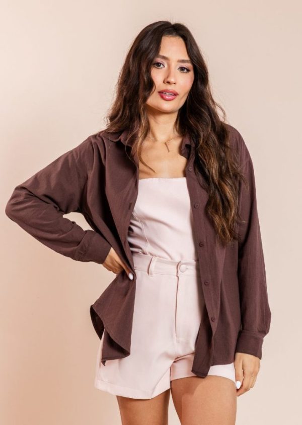 Camisa Alongada Algodão Café Leona Pkd