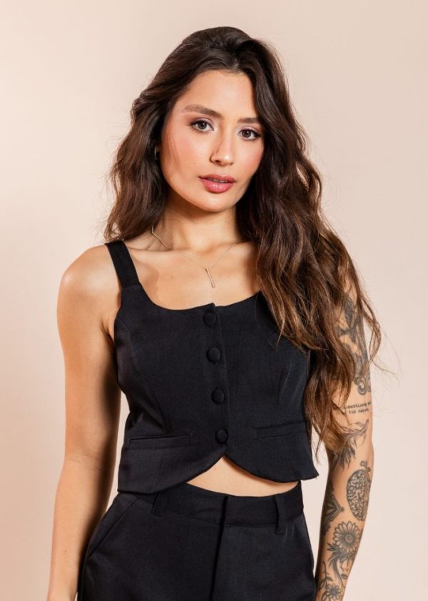 Cropped Alfaiataria Botões Frontais Preto Monique Pkd