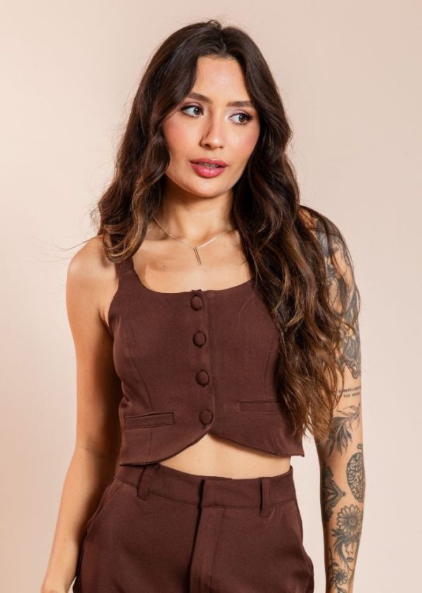 Cropped Alfaiataria Botões Frontais Marrom Monique PKD