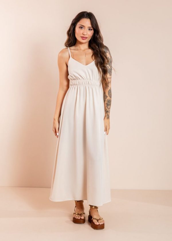 PRÉ VENDA | Vestido Midi com Elástico na Cintura Bege Martina Pkd