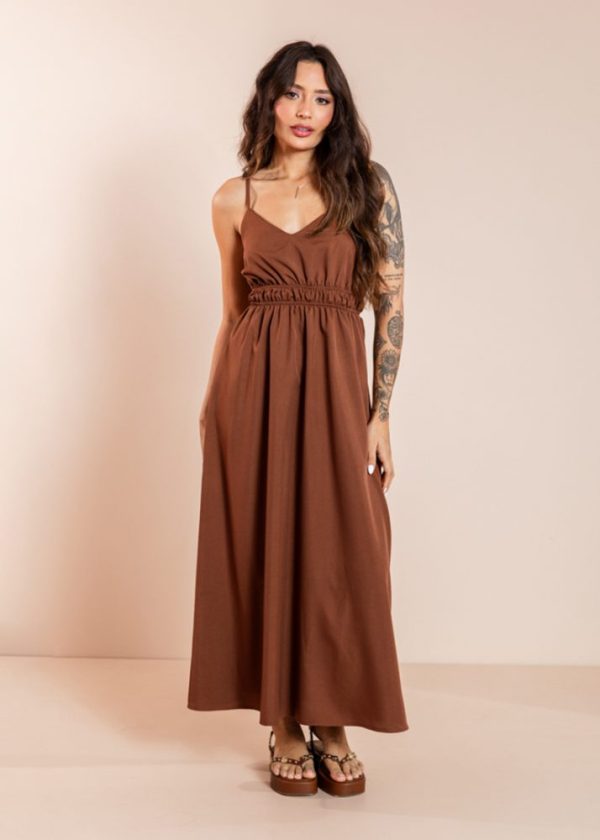 PRÉ VENDA | Vestido Midi com Elástico na Cintura Marrom Martina Pkd
