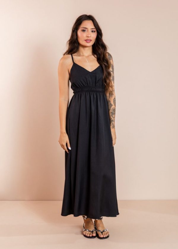 PRÉ VENDA | Vestido Midi com Elástico na Cintura Preto Martina Pkd
